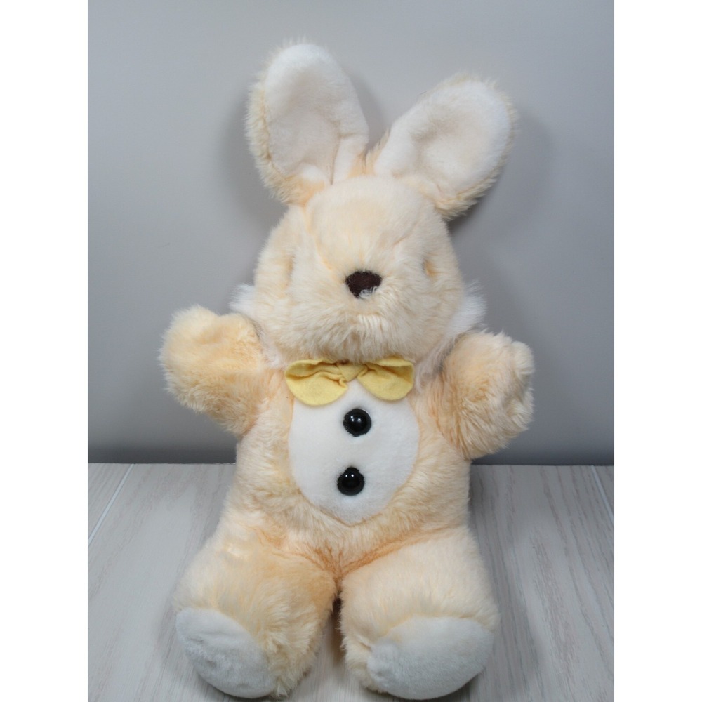 JC Penney plush yellow white vintage bunny rabbit black buttons bowtie